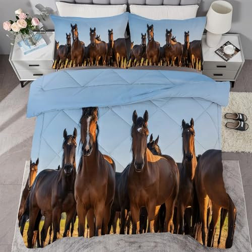 buyluhn Bettdecke 200x220 Ohne Bezug Nutzbar, Bettdecken Braun Pferd Waschbar Ganzjahresdecke Wilde Tiere 4 Jahreszeiten Steppdecke, Bettzeug mit 2 Kissenbezug für Sommer Winter
