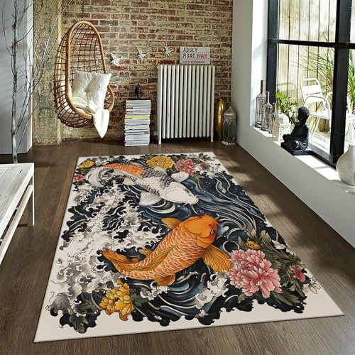BYLEEHOMED Koi Fisch Flächenteppich im japanischen Stil 120x180cm Blau Ocean Waves Innenmatte für den Eingang Leicht zu reinigender Rutschfester Akzentteppich für die Küche