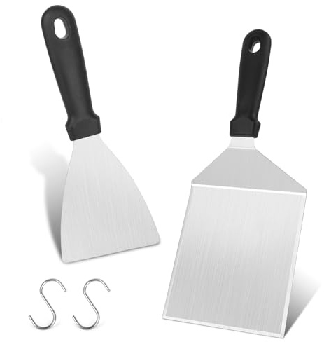 UTOCLEC Lot de 2 Spatules pour Barbecue en Acier Inoxydable, Avec 2 crochets en S, Spatule Professionnelle avec Poignée Anti-Dérapante, Accessoire Cuisson Gril, Friteuse, Cuisine Extérieure