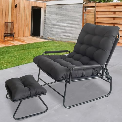 LIJYITF Gartenliege, Sessel mit Hocker, Sonnenliege mit Auflage Abnehmbar, Gemütlicher Lesesessel, Loungesessel Outdoor, Balkon Liegestuhl, für Garten, Terrasse, 150 kg (Grau-1, 130x83x74CM)