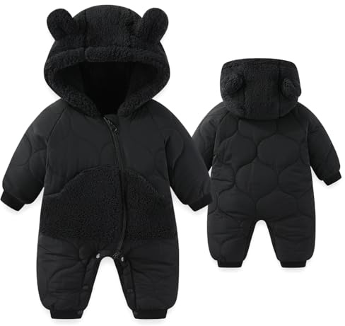 JiAmy Baby Snowsuit, Toddler Fleece Winter Snow Suits Bear Hooded Footed Romper Cartoon Baby Girls Boys Clothes Outfits Black 6-9 Months