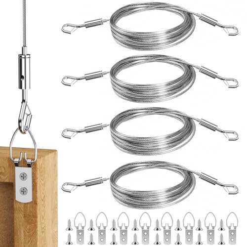 Adjustable Picture Hanging Wire Kit,4 Pack Picture Rail Hooks And Wire,D Rings For Picture Hanging,Mirror Hanging Kit Heavy Duty Pictures Hang Cord For Art Pictures Mirrors Billboards Frame Canvas(2m)
