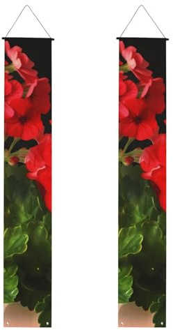 2 carteles de geranios rojos para puerta delantera, elegantes banderas colgantes para decoración del hogar, letrero de bienvenida para exteriores, interiores, suministros de vacaciones, 71 x 12