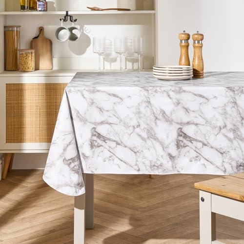 OHS White Marble Table Cloth Wipe Clean Rectangular, Christmas Tablecloths Wipeable Water Resistant Tablecloth Dining Table Cover for Kitchen Outdoor Birthday, 132 x 178cm