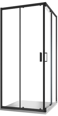 Box Doccia Angolare Due Ante Scorrevoli Cristallo Temperato 6mm Profili Squadrati Nero Opaco Altezza 185 cm - Tonga (Vetro Trasparente, 70x70)