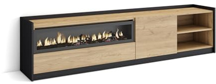Skraut Home | Mueble TV | Televisión | Muebles de salón, almacenaje | 207x50x37 cm | para TV hasta 80 | Chimenea eléctrica | Estilo Moderno | Roble y Negro