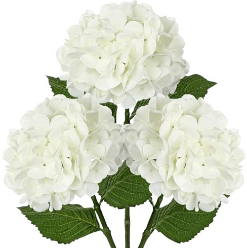Hollyone Paquete de 3 flores artificiales de hortensias, tallos de hortensia falsos blancos con flores grandes de 7 pulgadas, flores de seda de tallo largo para arreglos florales, jarrón alto