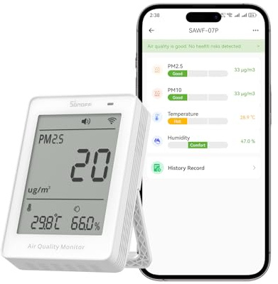 SONOFF Monitoraggio intelligente della qualità dell'aria, PM2.5, rilevatore PM10, temperatura e umidità, display in tempo reale e allarme