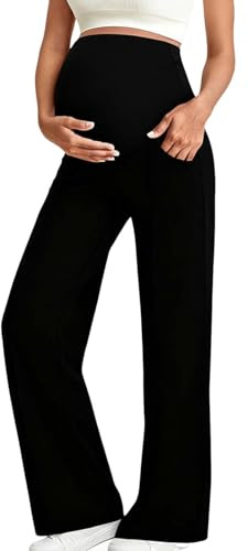 Maternity Leggings Over Bump Womens Maternity Dress Yoga Pants with Pockets, Over The Belly Stretchy Pilates Gym Sports Work Slack Pregnancy Wide Leg Lounge Trousers Black S
