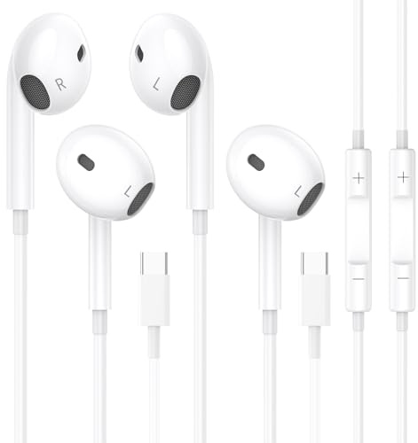 2 Pack Auriculares con Cable Tipo C para iPhone 17/16/15 Pro MAX, Estéreo HiFi Auriculares USB C Aislamiento de Ruido con Micrófono Control de Volumen para iPad Pro, Galaxy S23/S22/S21/S20/Ultra