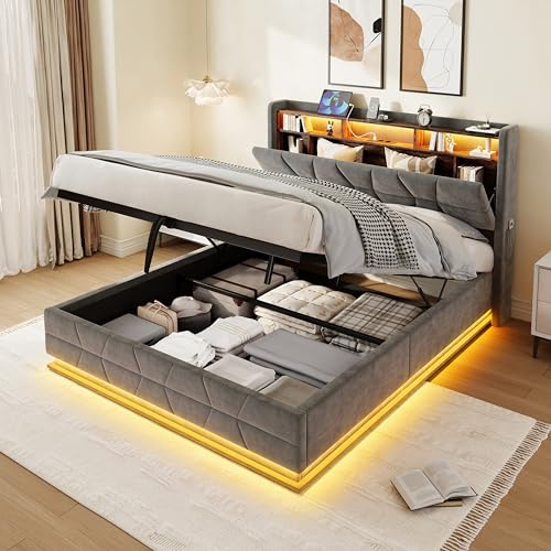 JCFEIDQW Doppelbett 140×190cm, Jugendbett, Bett mit LED-Beleuchtung, Offene Regale, Seitentaschen & Type-C-Ladestation, Stauraum-Kopfbrett Plus Federholzrahmen 300 KG, Ohne Matratze (Dunkelgrau)