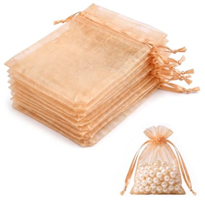 Lafefe 20Pcs Organza Gift Pouches, 7x9CM Clear Mesh Drawstring Pouches, Organza Gift Bags for Wedding Favours, Party, Festival, Candy and Game Favour Bags - peach beige