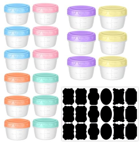 Set di 18 piccoli contenitori per congelatore (80 ml) con graduazione e etichette adesive, Piccoli contenitori in plastica con coperchi, mini scatole di archiviazione riutilizzabili e impilabili