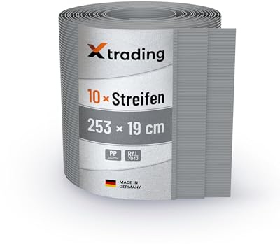X-trading PP Sichtschutzstreifen für Doppelstabmatten-Zaun (2,53 m x 19 cm) Fenstergrau 10 Stk. – RAL 7040 – Rillenoptik – Qualität Made in Germany, einfache Montage ohne Clips & Werkzeug
