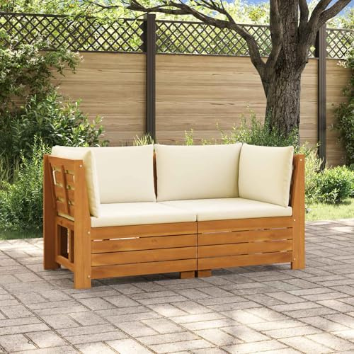 LoogCape Utomhussoffa set av brunt massivt trä akacia med kudde 2 delar, väderbeständigt trädgårds-soffa element, modulär loungesoffa för terrass balkong veranda