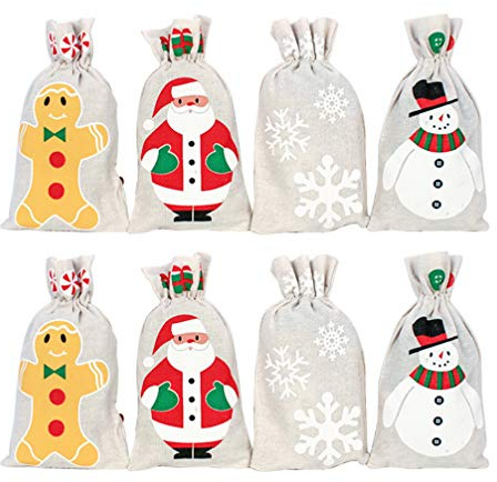 NUOBESTY 8 Stücke Geschenksäckchen Weihnachten Säckchen Jutesäckchen Nikolaussäckchen Adventskalender Beutel Kleine Jutebeutel Süßigkeiten Taschen Weihnachtsmann Sack - Zufällig