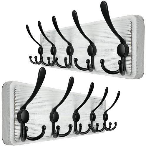 WEBI Percheros Pared Madera,5 Ganchos Triples Colgador Pared,Percha Pared,Colgadores Pared,Ganchos Para Abrigos,Chaqueta,Negro sobre Blanco,Paquete de 2