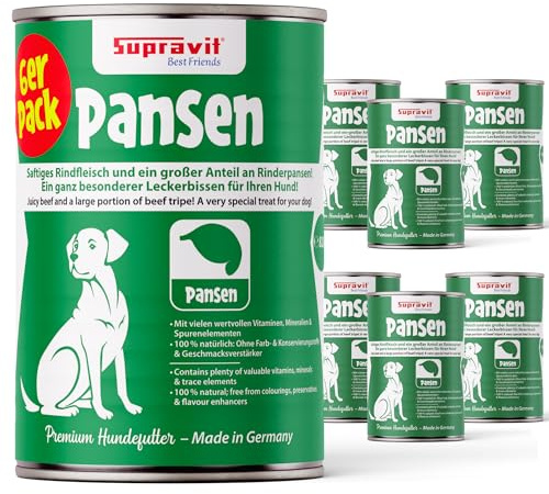 Supravit Premium Hundefutter Nass | Schmackhafter Pansen für Hunde | 100% Fleisch | Set mit 6 x 820g Dosenfutter Hund | Hunde Nassfutter getreidefrei mit hohem Fleischanteil