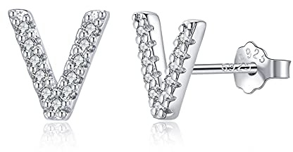TIZU 925 Silver Bokstäver Örhängen Allergiska Örhängen För Kvinnor Flickor Flickor Initial Små Örhängen Med Kubisk Zirkon Presentidéer För Hennes, 10 millimetri, Vitguld Sterlingsilver, Kubisk