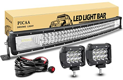 PICAA led Arbeitsscheinwerfer Bar 32 Zoll 78CM 405W 7D Gewolbt Lichtbalken | Drei Reihen, 12V, Zusatzscheinwerfer Bar, Mit 2 Stück 4 Zoll LED Arbeitslicht, für SUV Offroad ATV UTV Traktor 4x4 Auto,6000K