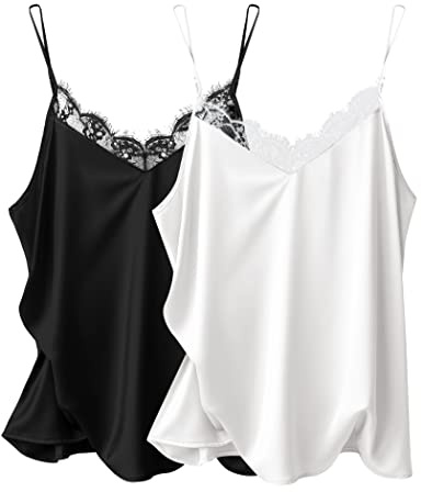 Ekouaer Women's 2 PCS Silk Satin Tank Top Lace Cami Spaghetti Strap Top Soft Camisoles Black & White L