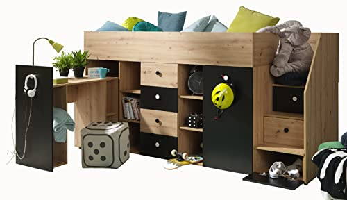 MEBLE KRYSPOL SMART 3 Hochbett für Kinder, Jugendliche mit Stauraum - Etagenbett mit Schreibtisch, Kleiderschrank, Regalen, Treppe - 248,5x93x123 cm - Eiche Handwerker, Schwarz mat, Weiß + Schwarz