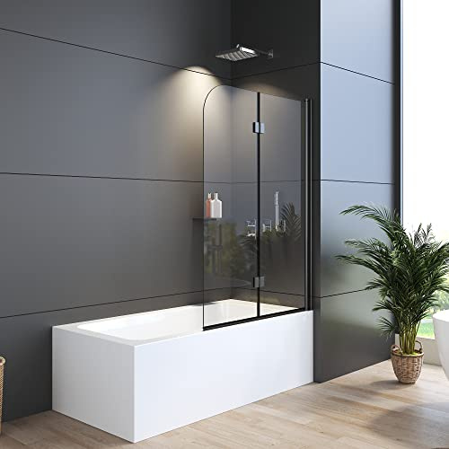 WDWRITTI Duschwand für Badewanne 100 x 140 cm Faltbar 2-teilig, Schwarz Duschtrennwand aus 6mm ESG Sicherheitsglas mit Nano Beschichtung, Duschabtrennung für Badewanne