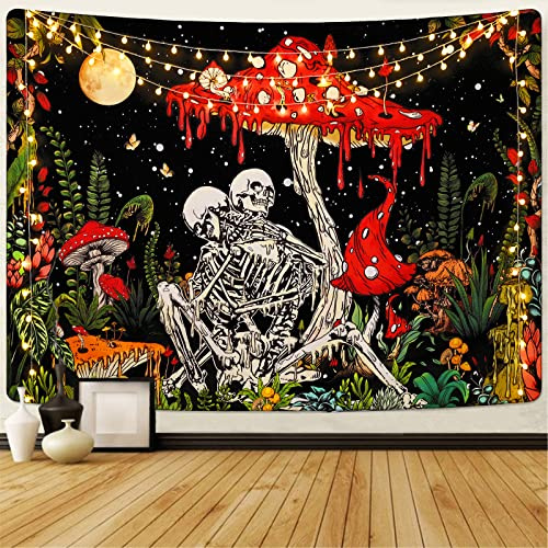Uspring Wandteppich mit Totenkopf-Pilz, Skelettliebhaber, Mond, Garten, Galaxie, Gothic, für Schlafzimmer, ästhetische Dekoration (150,1 x 210,1 cm)