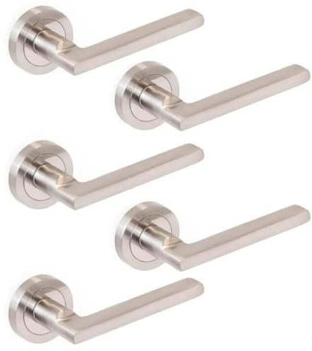 Jdel Set di 5 maniglie per porte interne, set di maniglie per porta di passaggio con rosetta, 50 mm, alluminio e zama, nichel satinato