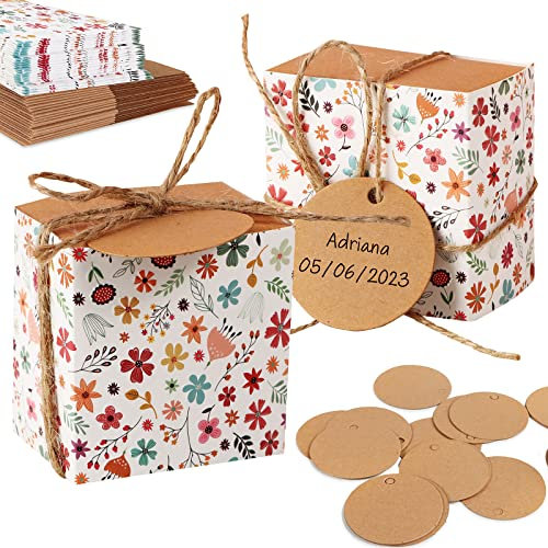 50 Stück Geschenkboxen 6x6x4cm Papierschachtel mit Blümchen-Motiv Inkl. Geschenkanhänger und Bändern Kleine Geschenkschachtel für Hochzeit Gastgeschenk Tauf Geschenkverpackung Babyparty usw.