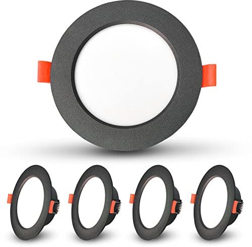 Sweier Deckenspots Schwarz 5W, IP44 LED Spot, Kaltweiß 6000K 480LM Einbaustrahler Flach 230V, Lochdurchmesser 70-85mm, Einbautiefe 35mm, 5er Set