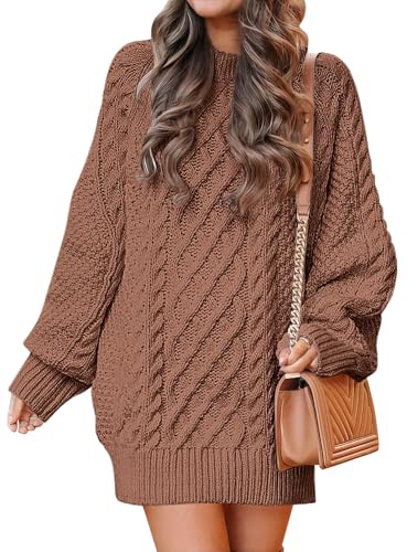 ANRABESS Womens Sweater Dress Oversized Cable Knit Chunky Long Sleeve Short Dresses 2025 Fall Outfits Vacation Winter Clothes Brown X-Small