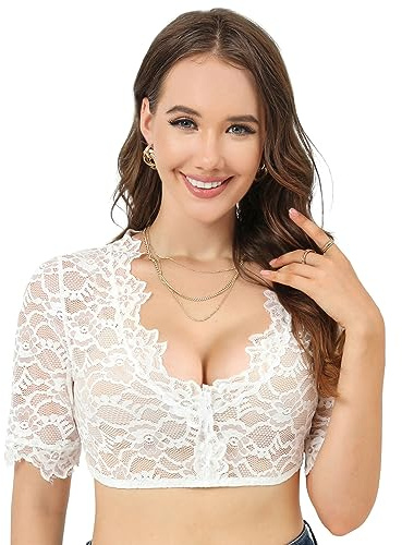 Vancavoo Dirndl-blus, vit spets, kortärmad, dam, dirndlblusar, transparent, elegant, traditionell blus för Oktoberfest, Vit, S