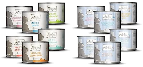 MjAMjAM - Premium Nassfutter für Katzen - Probierpaket, 6er Pack (6 x 200 g) & - Premium Nassfutter für Katzen - Probierpaket I an Soße, 6er Pack (6 x 185g), getreidefrei mit extra viel Fleisch