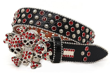 NALANY Damen Herren Strass Ledergürtel Nietengürtel Bling-Verzierter Western Strasssteine Gürtel Totenkopf Mit Gürtelschnalle Druckknöpfe Verschlus Für Jeanshosen(120cm/waist:41, Black)