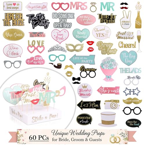 SOUL SHIFT 60PCs Pastel Themed Wedding Photo Booth Props - Pre-Assembled | Elegant Wedding & Reception Party Props | Funny Props Real Glitter Bridal PhotoBooth