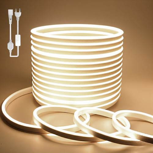 BAGZY Neon LED Streifen, 15M Aussenbereich Neon Wasserdicht Strip 230V Outdoor 120 LED/M Flexibler DIY Lichtband für Innen Weihnachtsfeier Aussenbereich,mit Netzteil und Controller(Natürliches Weiß)