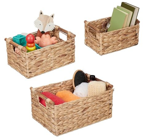 Relaxdays Aufbewahrungskorb Wasserhyazinthe, 3er Set, Körbchen in 3 Größen, Badezimmer Aufbewahrung, Flechtkörbe, Natur
