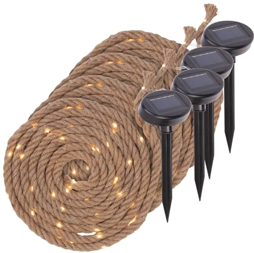 Lunartec Solar-Jute-Lichterketten: 4er-Set Solar-Seil-Lichterkette aus Naturfasern, 60 eingearbeitete LED (Lichtgirlande, Lichter außen, Baum)