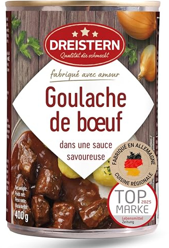 DREISTERN Goulash de res 400 g I Con salsa picante I Guiso sabroso en lata reciclable I Larga duración gracias a la conservación natural I Calidad casera