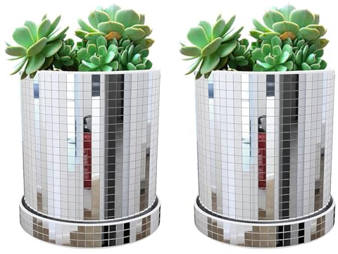 Xafrstyu 2 Stück Discokugel-Pflanztopf, Spiegel-Disco-Vase, Zylindrischer Disco-Übertopf, moderner Disco-Kunststoff-Übertopf, mit Ablaufloch und Untersetzern, für Innen- und Außenpflanzen