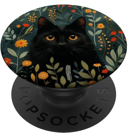 Schwarze Katze versteckt Blumen grüne Grafik PopSockets mit austauschbarem PopGrip