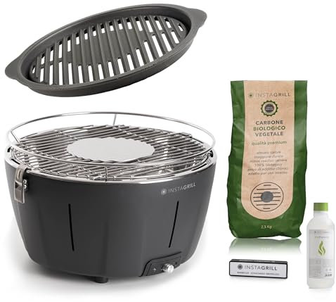 Classe Italy | Barbecue de table ou de balcon à charbon avec grille en fonte. Barbecue portable, de camping avec batterie rechargeable, charbon et gel pour allumage. ADVANCED noir anthracite