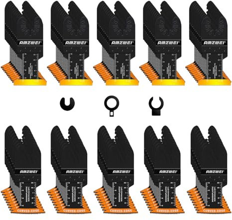 AMZWEI 100PCS Oscillating Tool Blades, Titanium & HCS Oscillating Saw Blades for Metal/Wood/Plastic Cutting, Curved Edge Multi Tool Blades Compatible with Dewalt, Milwaukee, Dremel, Ryobi, Rockwell