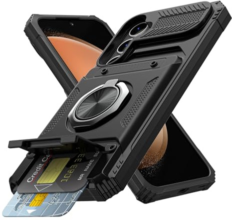 Coolden for Samsung S23 FE Case with Card Holder [Max 2 Cards] Ring Kickstand Armor Shockproof Military Grade Dual Layer Heavy Duty Protective Wallet Cases Cover for Samsung Galaxy S23 FE Case-Black
