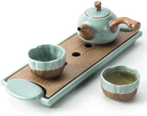 GOOPEEG Teiera Giapponese Set da tè in Ceramica Teiera in Porcellana Cinese Vintage Fatta A Mano con 2 Tazze da tè E Vassoio da tè Teiera Tradizionale