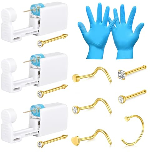 LAURITAMI Nasenpiercing Pistole Set,4 Stück Nasenpiercing Pistole mit Nasenstecker, Sicherheit Tragbares Selbst Nasenpiercing Gold/Silber Set mit 6 Nasenpiercing Stecker Ring und Handschuhe