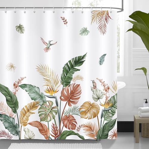 Bonhause Duschvorhang Tropische Blätter Blumen Boho Retro Palmblätter Pflanzen Duschvorhänge 180 x 180 cm Anti-Schimmel Wasserdicht Polyester Stoff Waschbar Bad Vorhäng für Badzimmer mit 12 Haken
