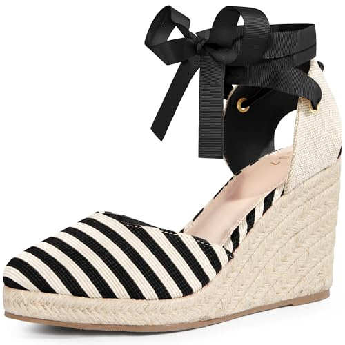 Perphy Stripe Lace Up Espadrilles Platform Wedge Sandals for Women Black 7.5 UK/Label Size 9.5 US