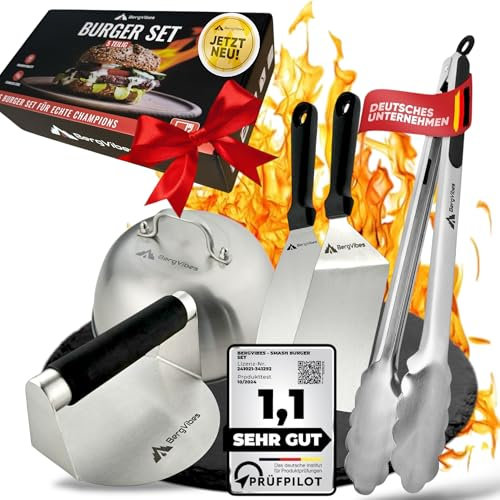 BERGVIBES Burger Smasher Smash Burger Set da 5 pezzi in acciaio inox, pressa per hamburger, campana per hamburger, accessori plancha, spatola per plancha, pressa per hamburger, pinza per barbecue, set